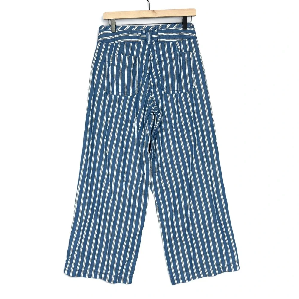 American Eagle Wide Leg Pants 6 Blue White Striped Cotton Tie Waist High Rise - Picture 2 of 10